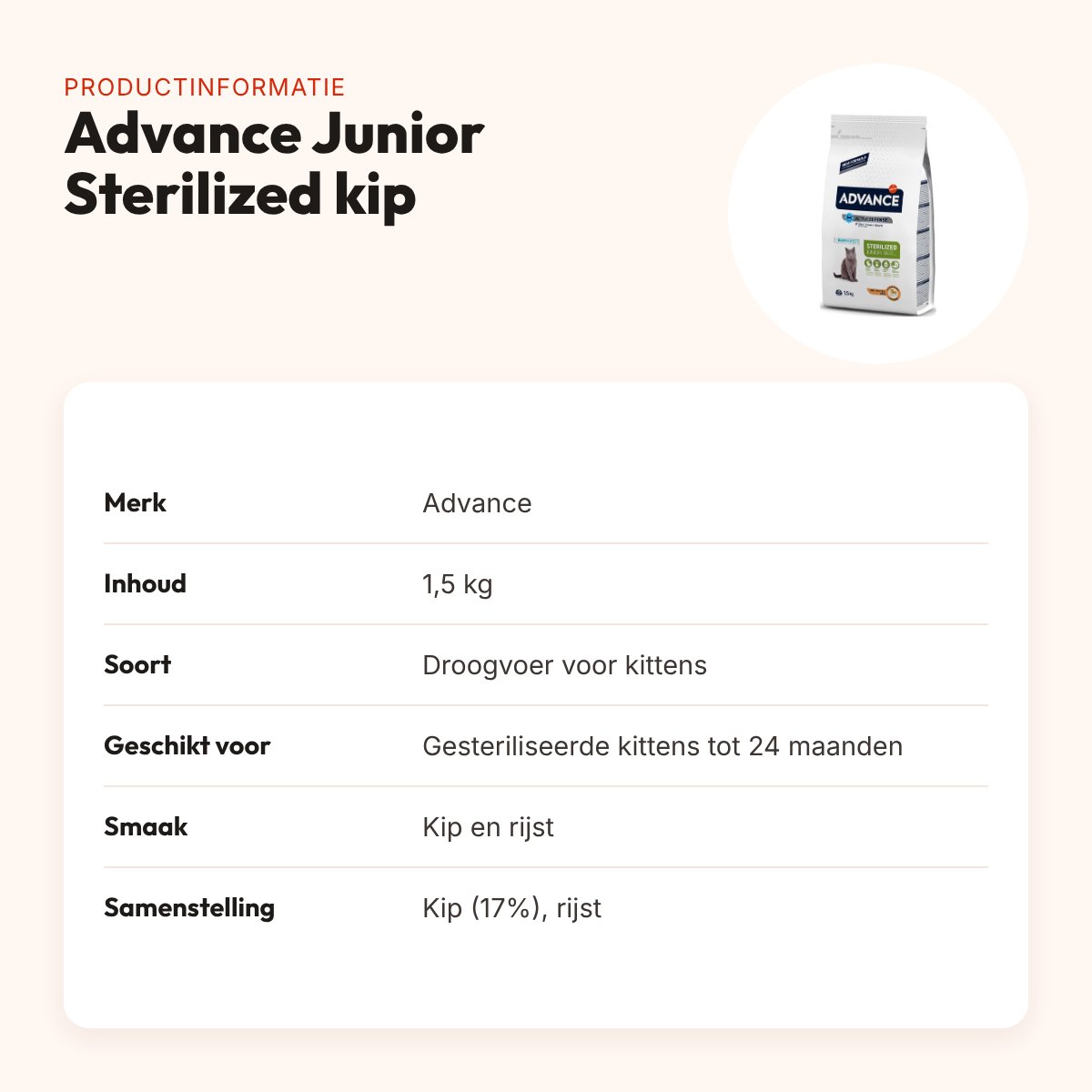 Advance kattenvoer Junior Sterilized kip 1,5 kg – gesteriliseerde kittens – productinformatie