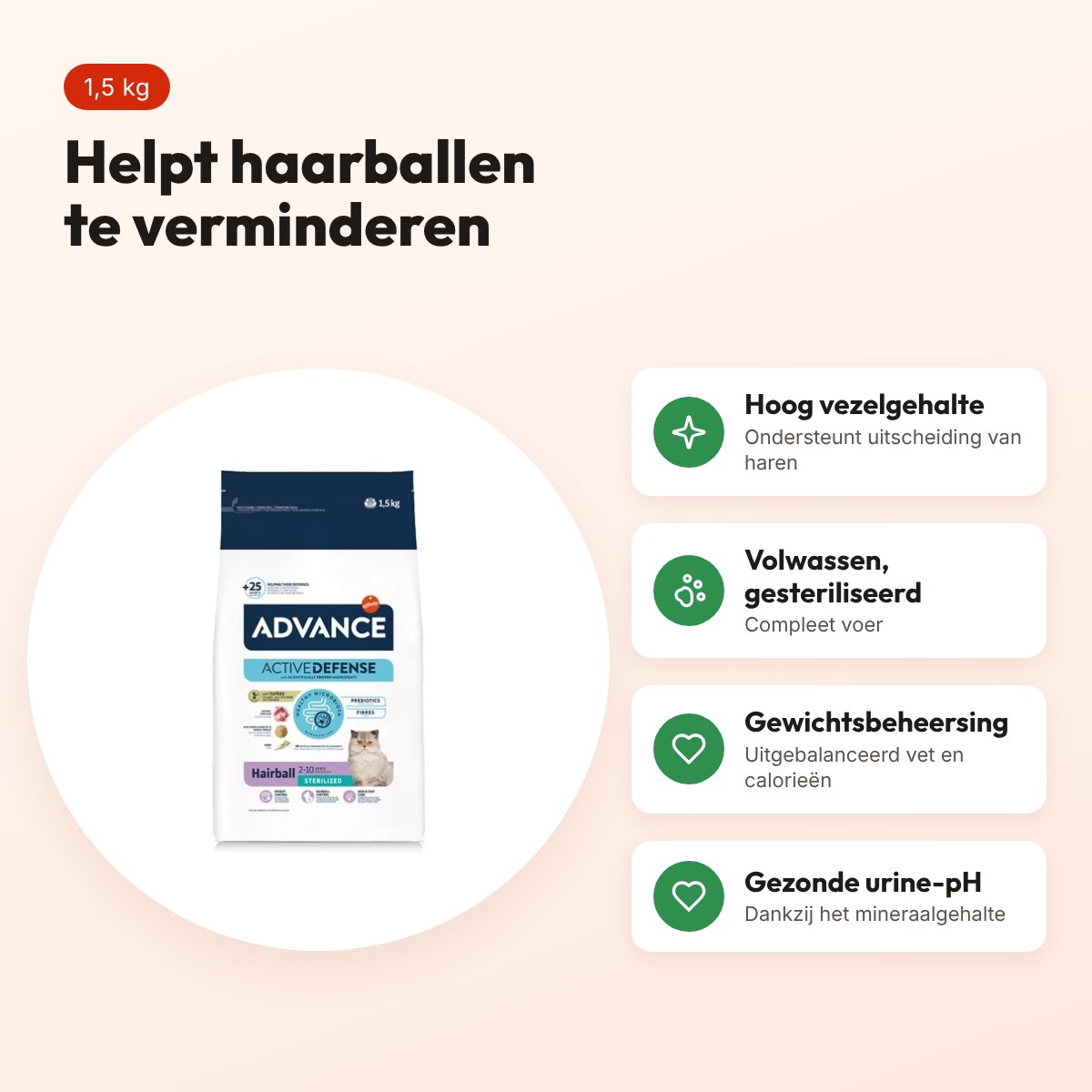 Advance kattenvoer Sterilized Hairball 1,5 kg – vezelrijk – voordelen