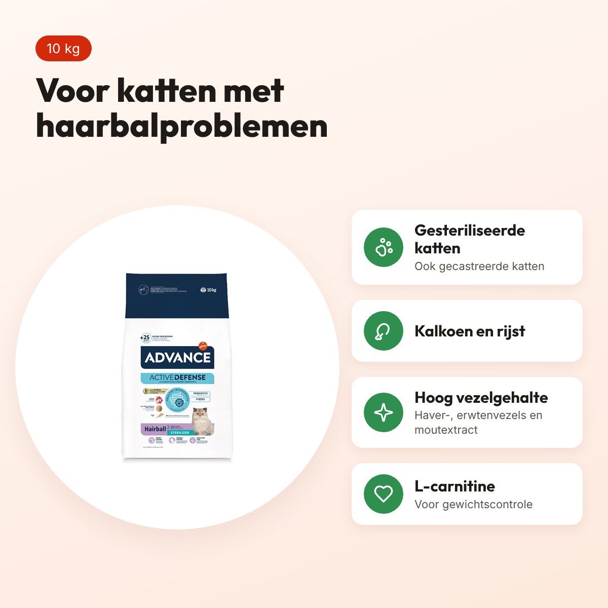 Advance kattenvoer Sterilized Hairball 10 kg – kalkoen en rijst – voordelen