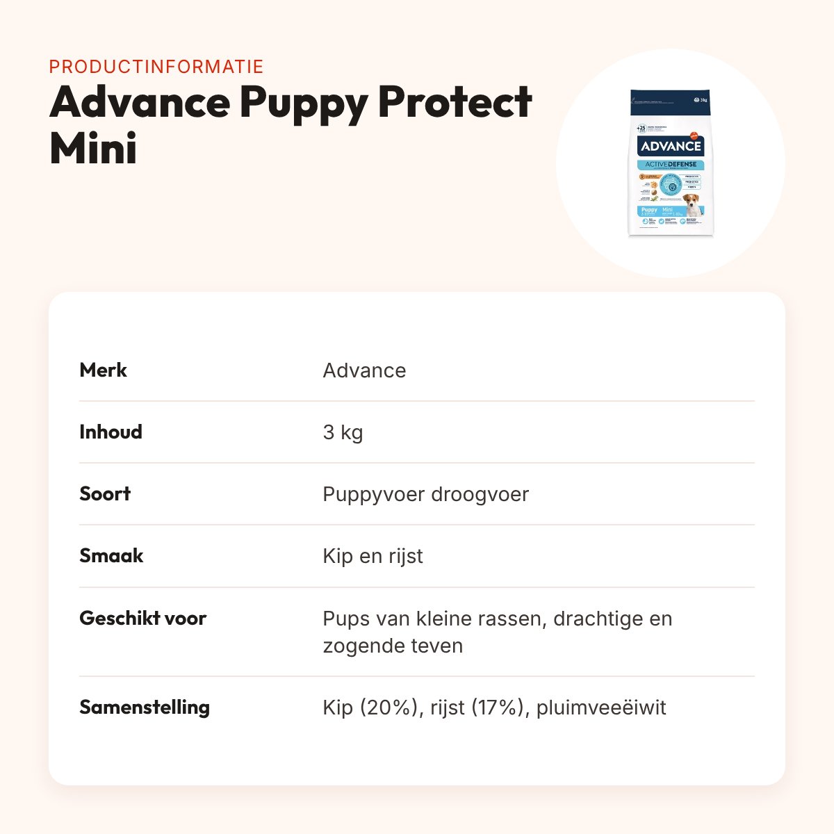 Advance Puppy Protect Mini 3 kg – pupvoer met kip, kleine rassen – productinformatie