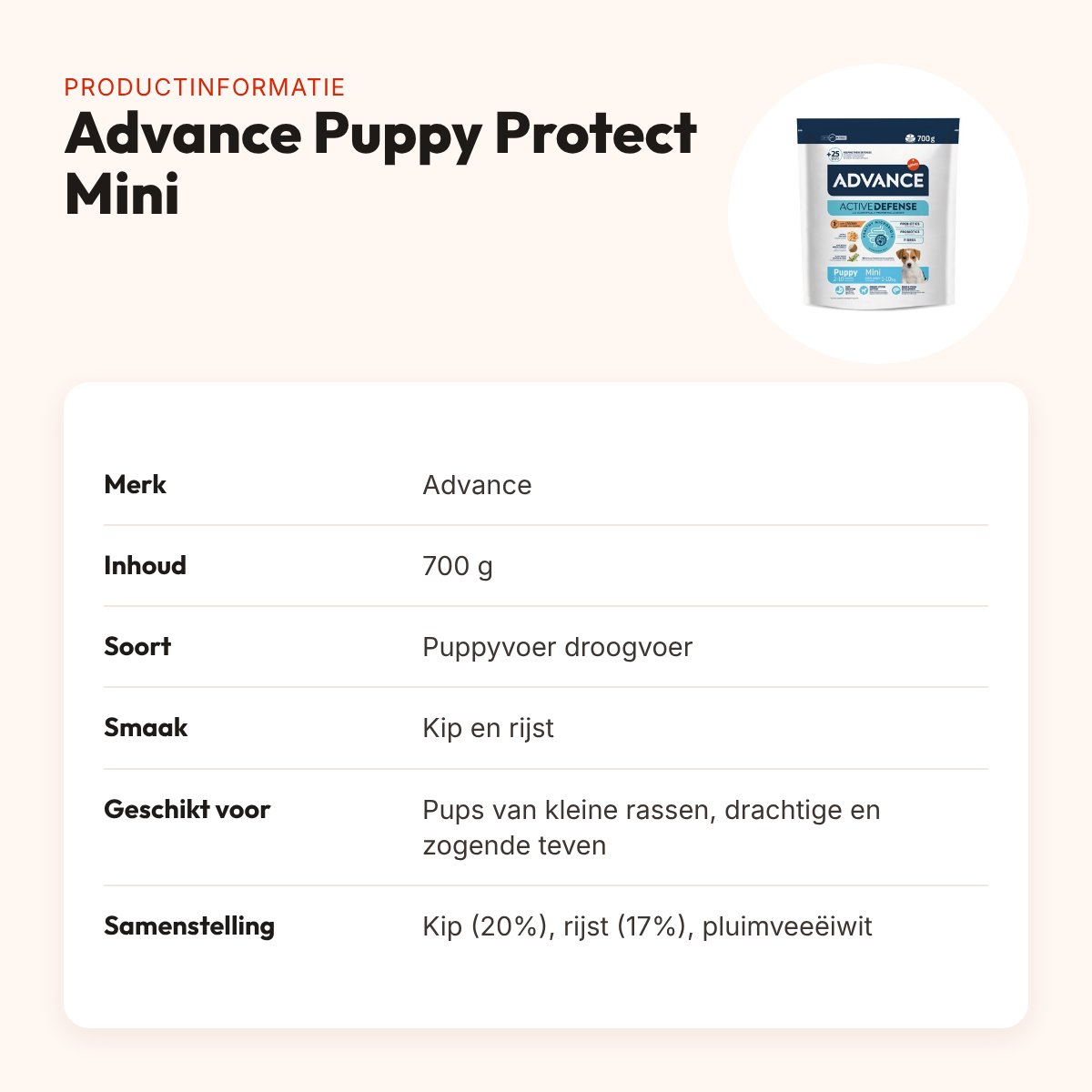 Advance Puppy Protect Mini 700 g – pupvoer met kip, kleine rassen – productinformatie