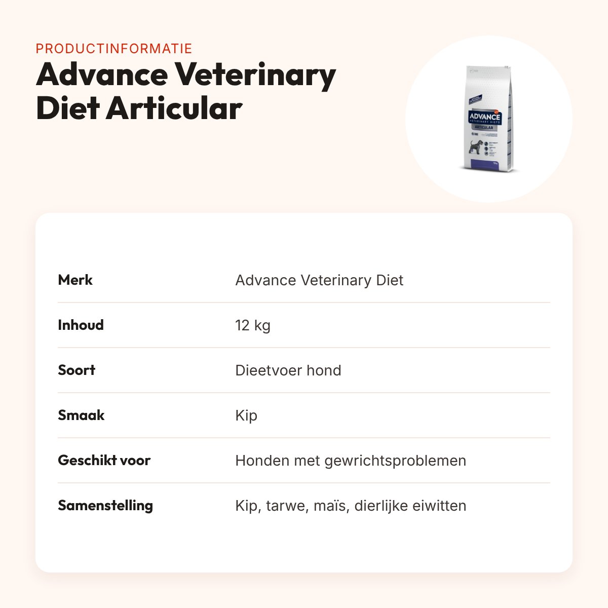 Advance Veterinary Diet hondenvoer Articular 12 kg – gewrichten, kip – productinformatie