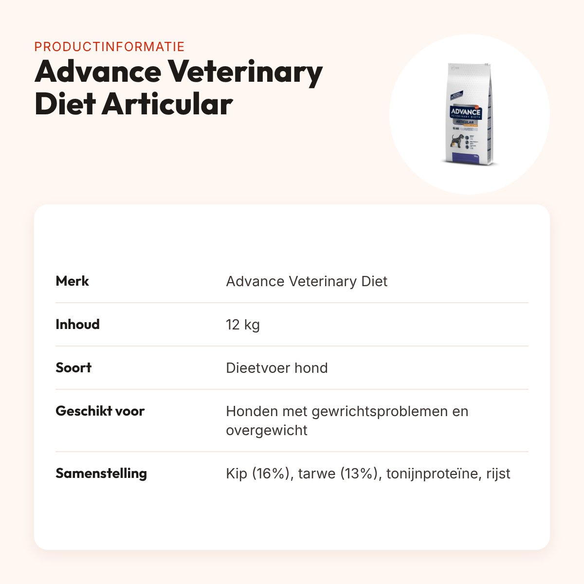 Advance Veterinary Diet hondenvoer Articular 12 kg – minder calorieën – productinformatie