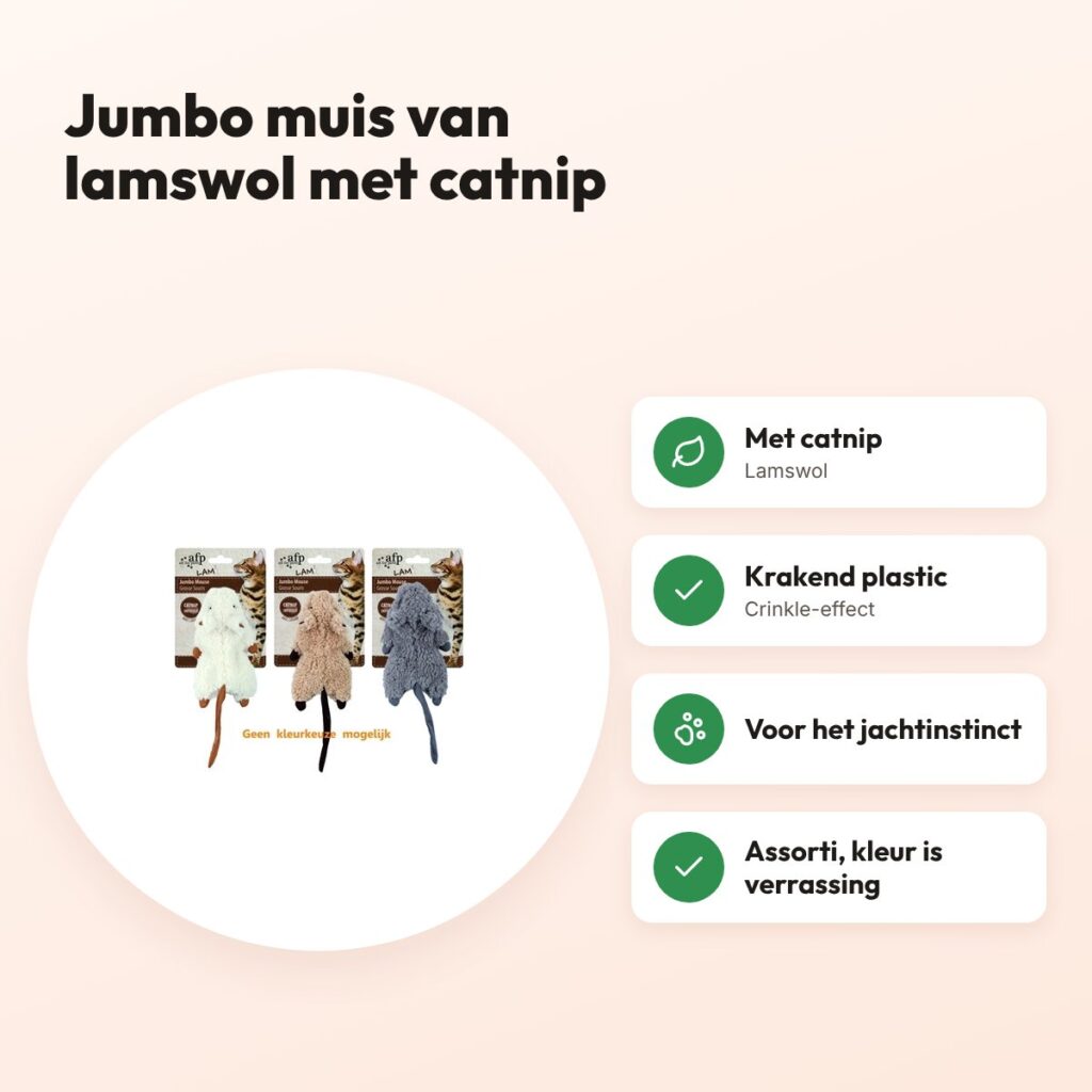 AFP Jumbo Crinkle muis kattenspeelgoed lamswol met catnip – voordelen