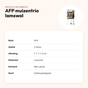 AFP muizentrio van lamswol met catnip 7 x 7 x 3 cm – 3 stuks, assorti – productinformatie