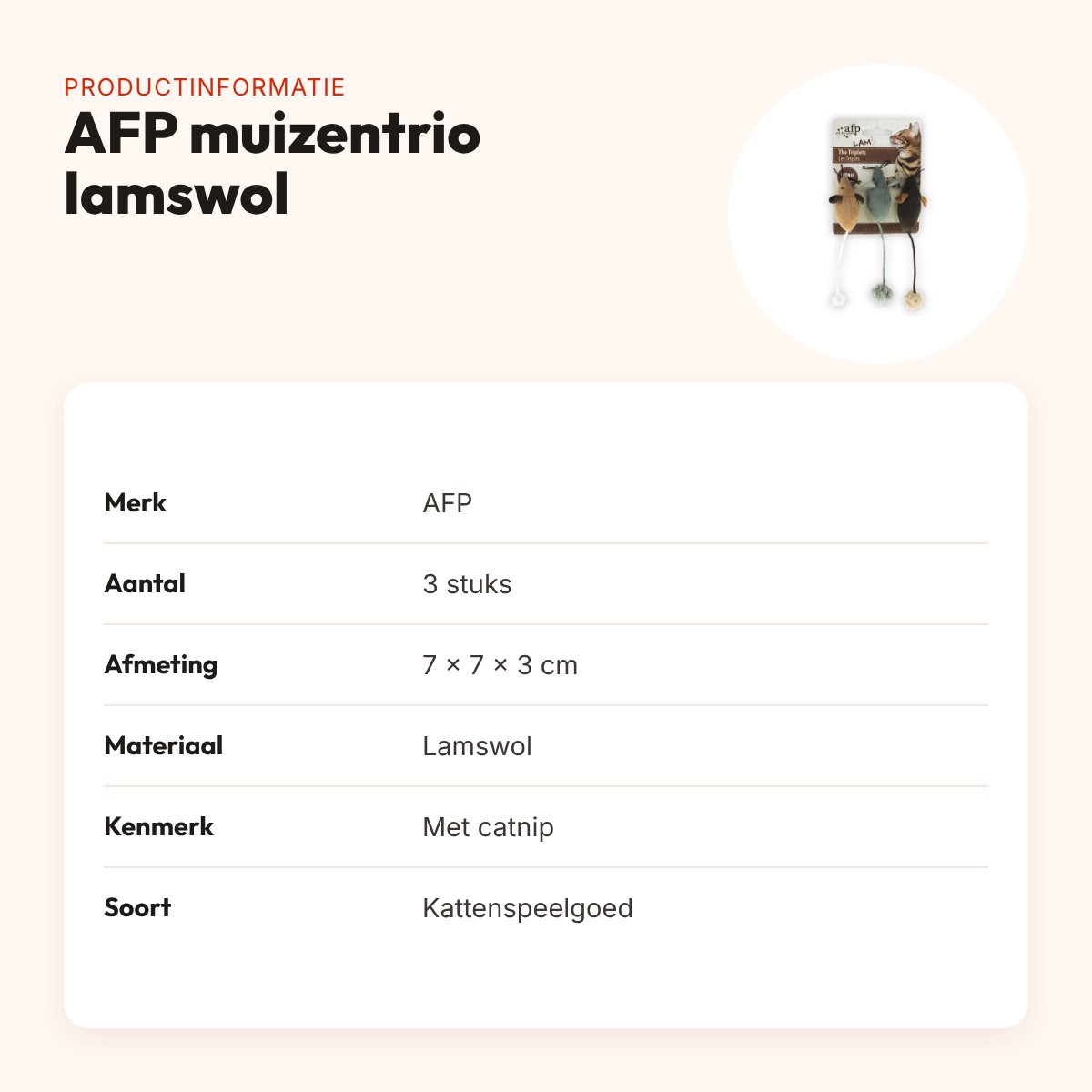 AFP muizentrio van lamswol met catnip 7 x 7 x 3 cm – 3 stuks, assorti – productinformatie