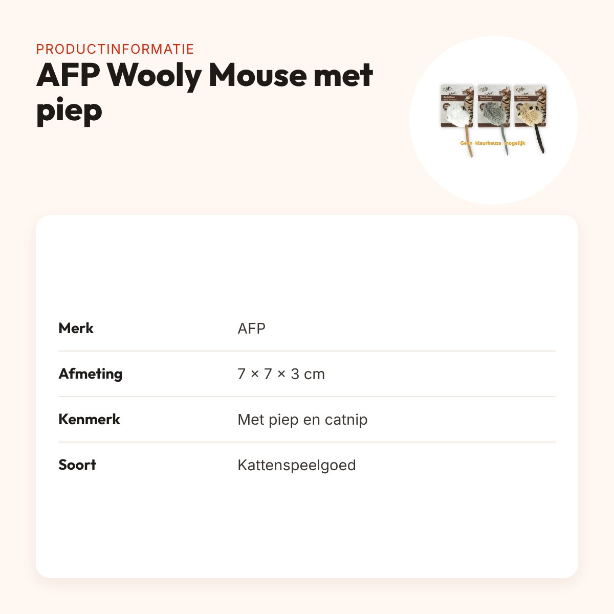 AFP Wooly Mouse kattenspeelgoed met piep en catnip 7 x 7 x 3 cm – productinformatie
