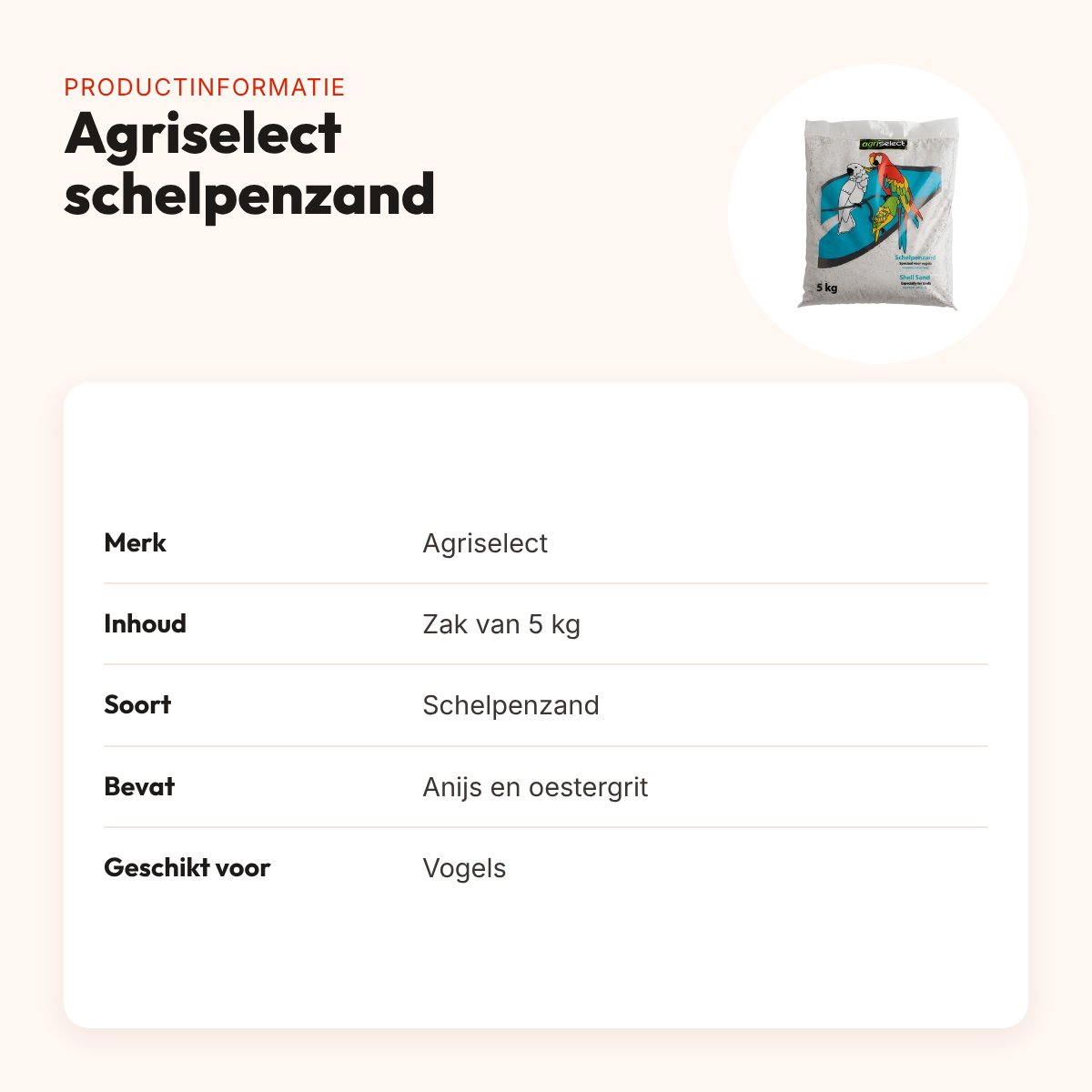 Agriselect schelpenzand 5 kg – stofarm vogelzand met anijs – productinformatie