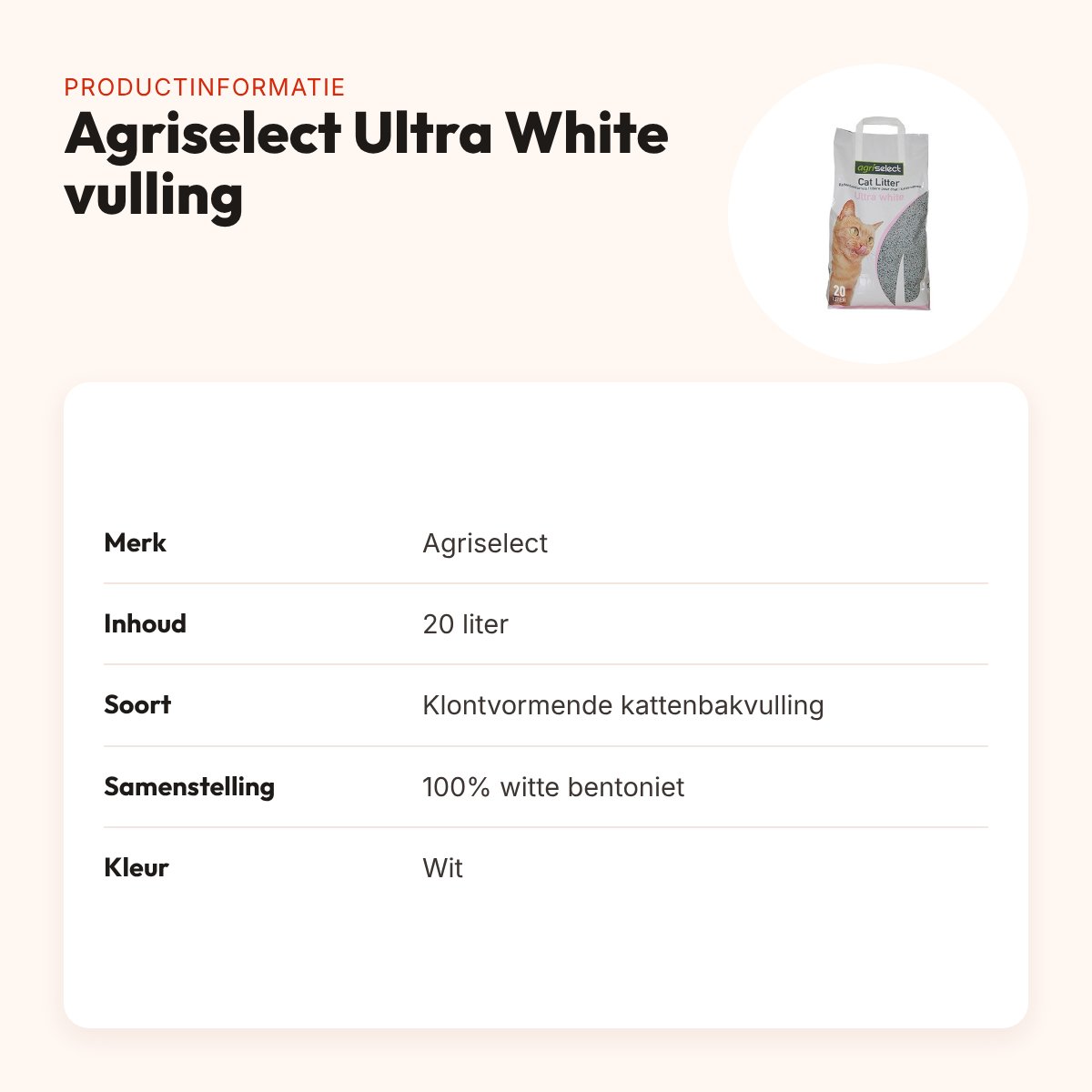 Agriselect Ultra White kattenbakvulling klontvormend 20 liter – productinformatie