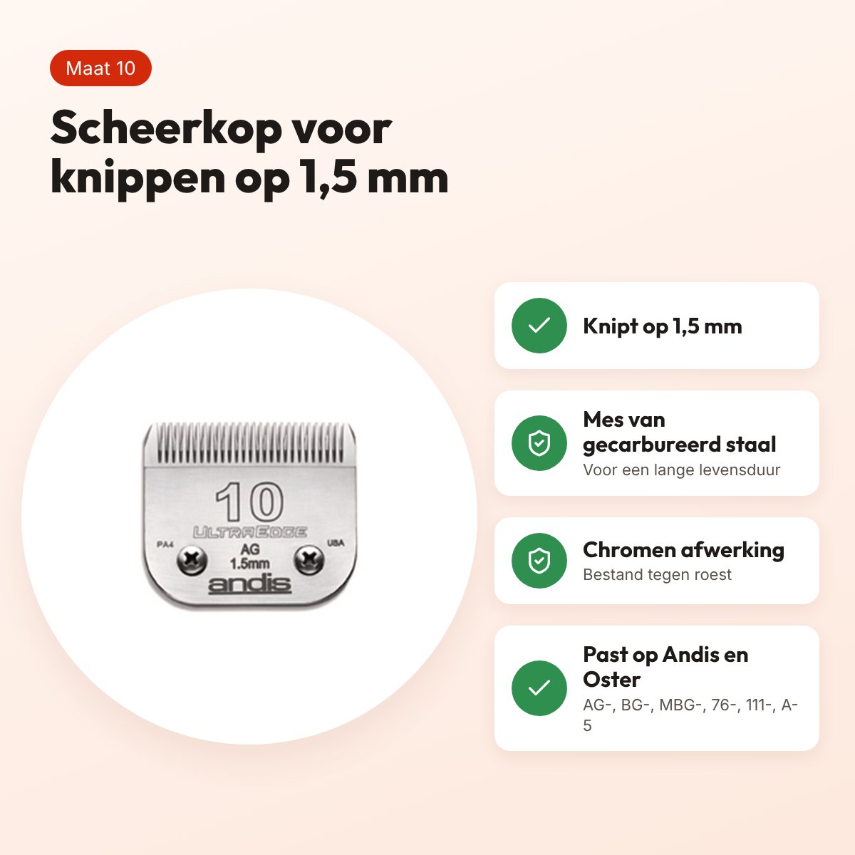 Andis UltraEdge scheerkop maat 10 – 1,5 mm, roestbestendig – voordelen