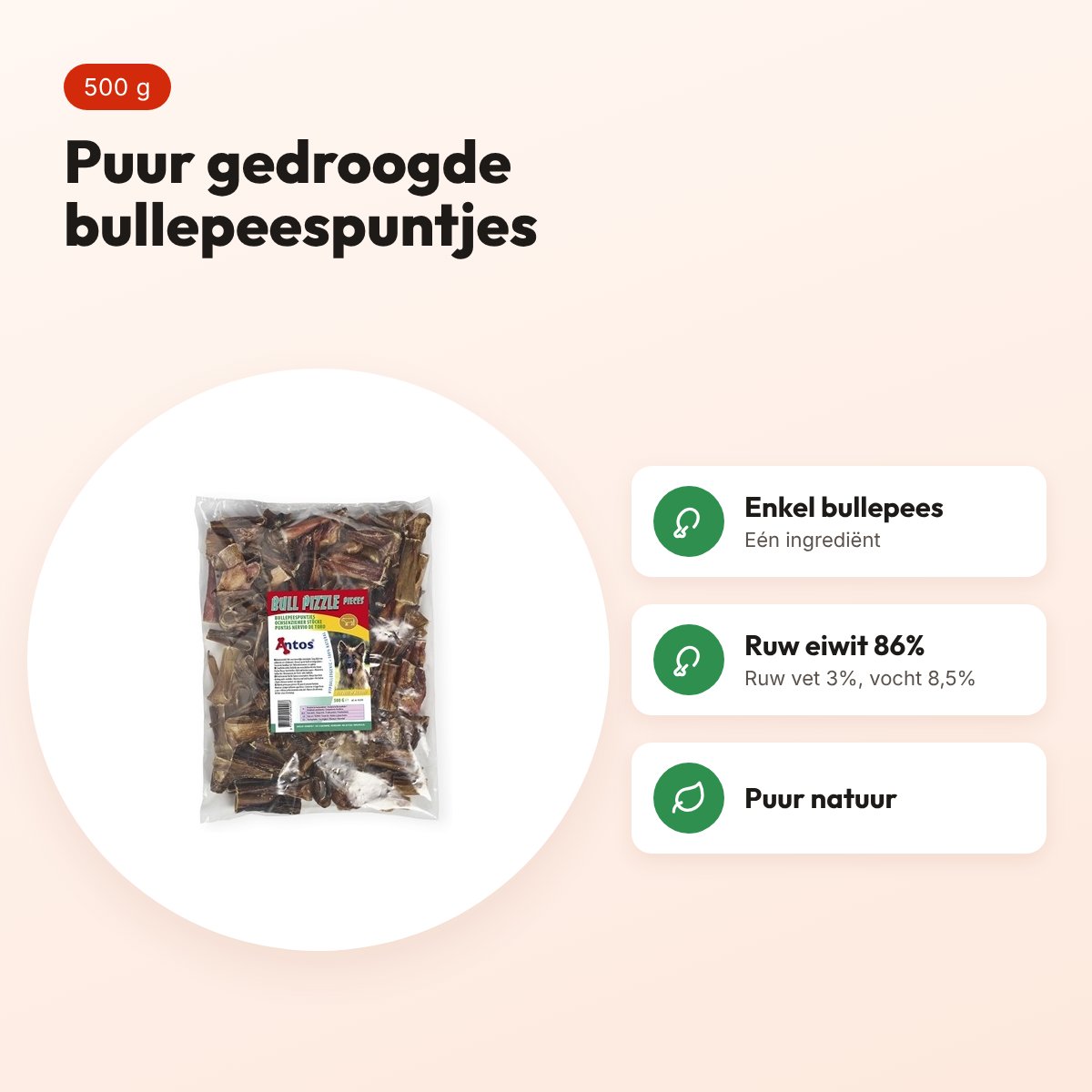 Anthos bullepeespuntjes hondensnack 500 g – 86% ruw eiwit – voordelen