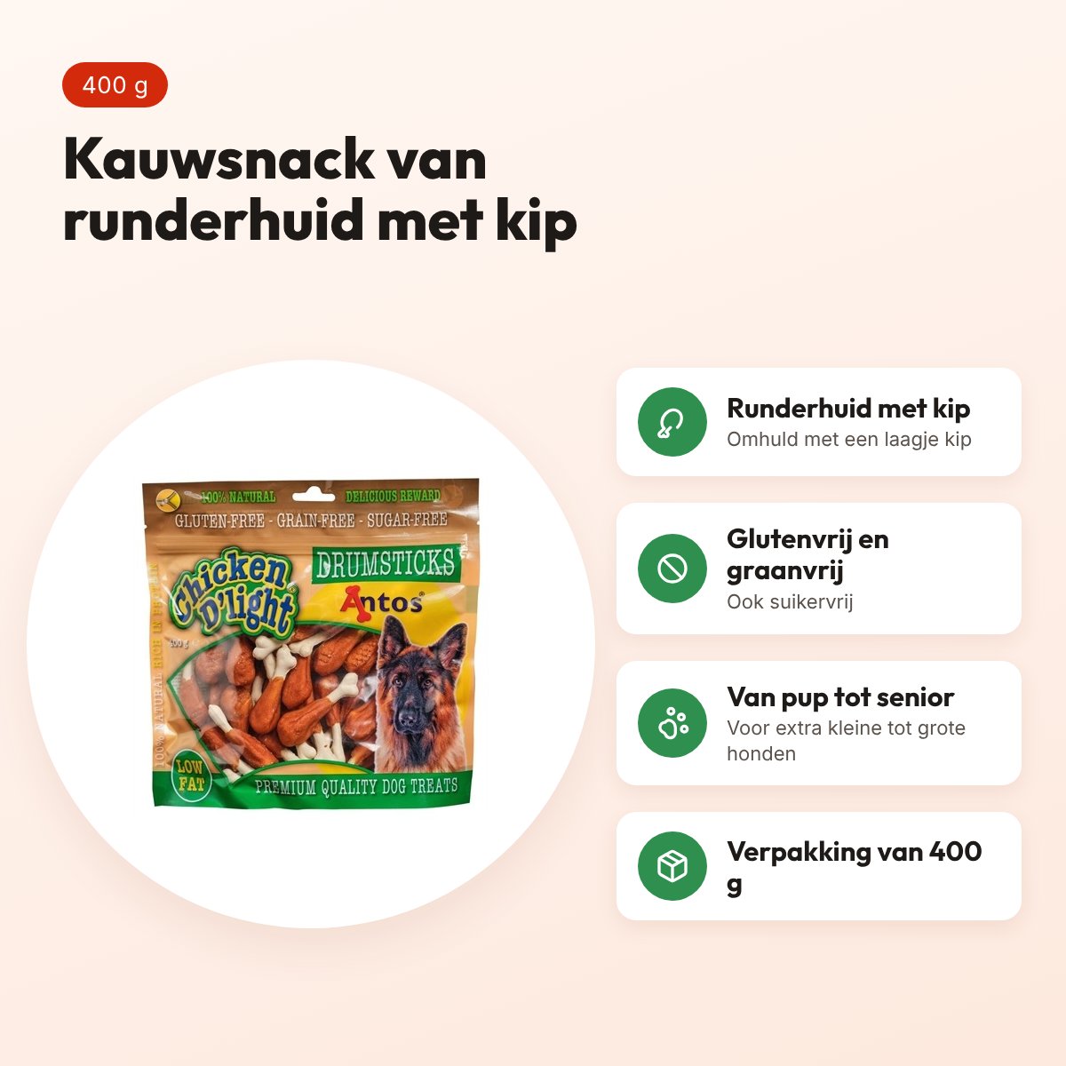 Antos Chicken D'Light Drumsticks 400 g – kauwsnack kip en runderhuid – voordelen