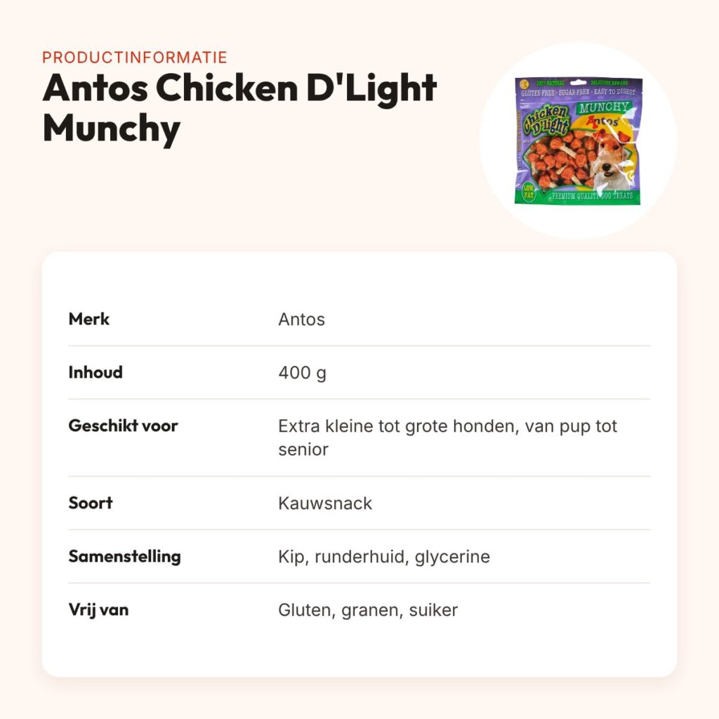 Antos Chicken D'Light Munchy 400 g – kauwsnack kip, glutenvrij – productinformatie