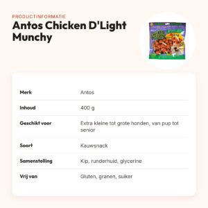 Antos Chicken D'Light Munchy 400 g – kauwsnack kip, glutenvrij – productinformatie