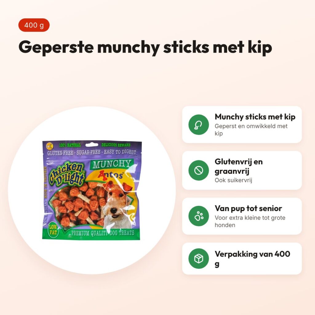 Antos Chicken D'Light Munchy 400 g – kauwsnack kip, glutenvrij – voordelen