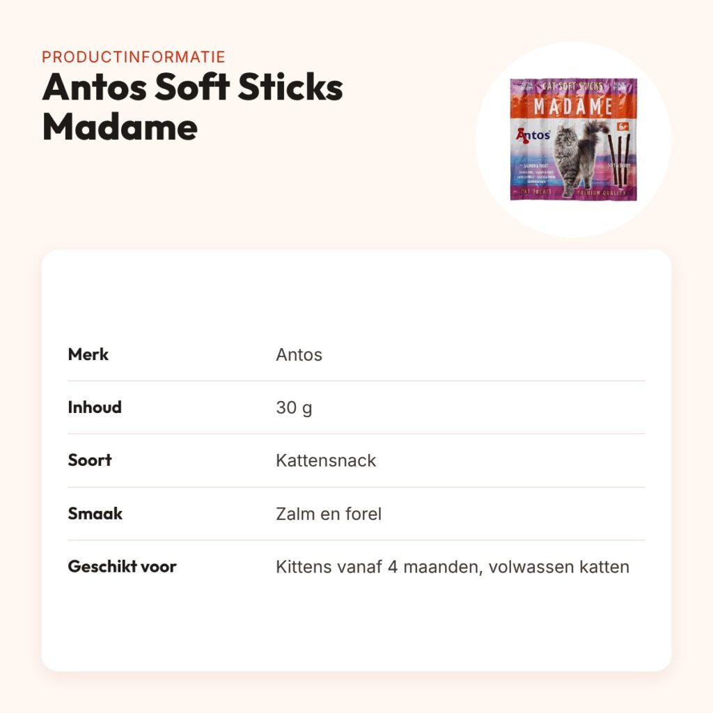 Antos kattensnacks Soft Sticks Madame zalm en forel 30 g – productinformatie
