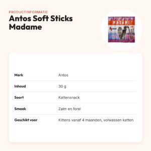 Antos kattensnacks Soft Sticks Madame zalm en forel 30 g – productinformatie