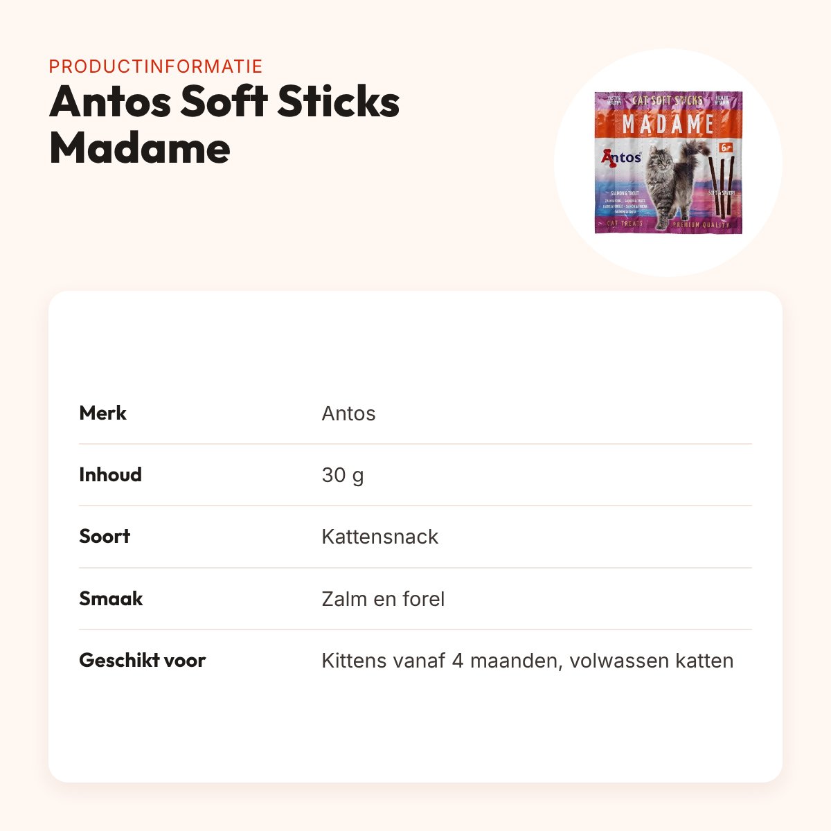 Antos kattensnacks Soft Sticks Madame zalm en forel 30 g – productinformatie