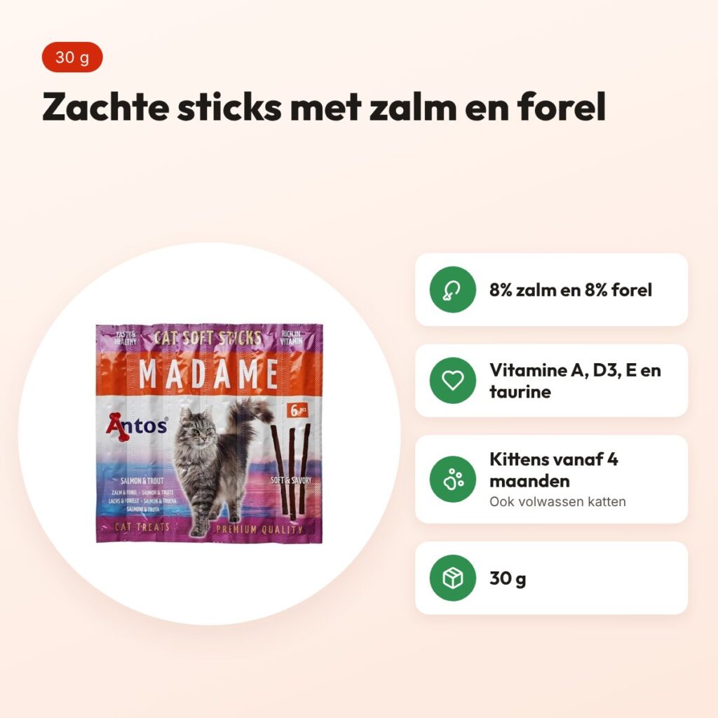 Antos kattensnacks Soft Sticks Madame zalm en forel 30 g – voordelen