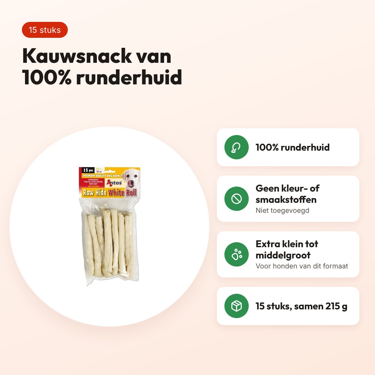 Antos Rawhide White Roll kauwsnack runderhuid – 15 stuks – voordelen