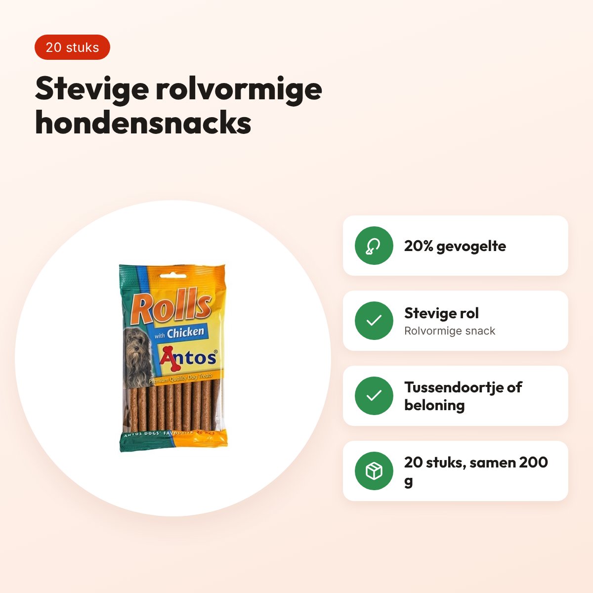 Antos Rolls kip 20 stuks (200 g) – stevige hondensnacks – voordelen