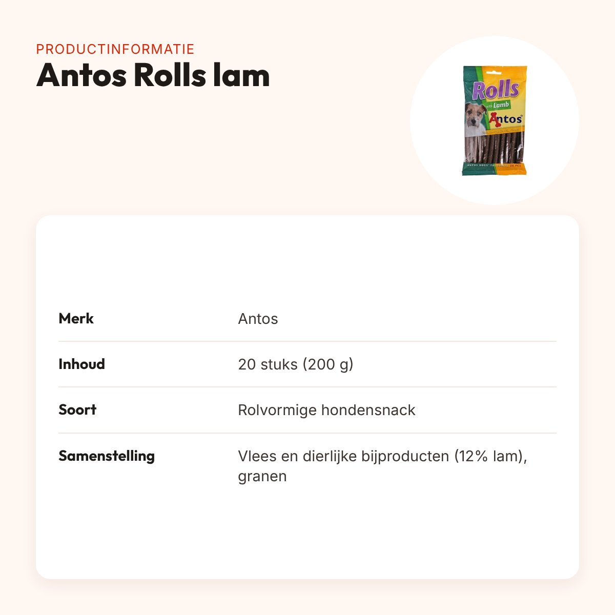 Antos Rolls lam 20 stuks (200 g) – rolvormige hondensnacks – productinformatie