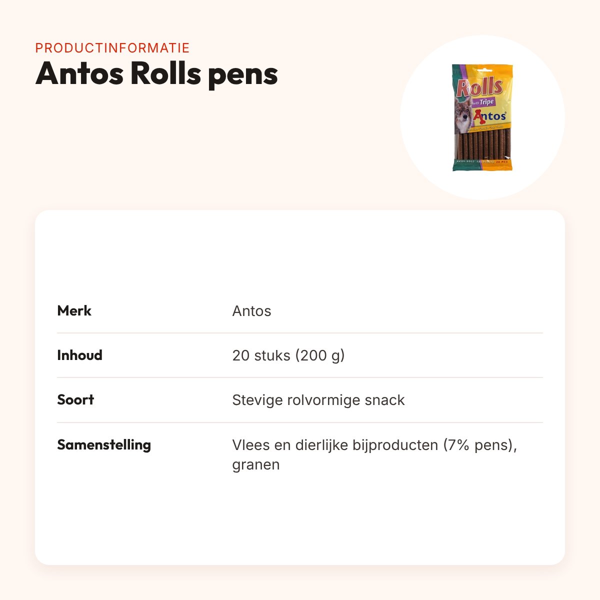 Antos Rolls pens 20 stuks (200 g) – rolvormige hondensnacks – productinformatie