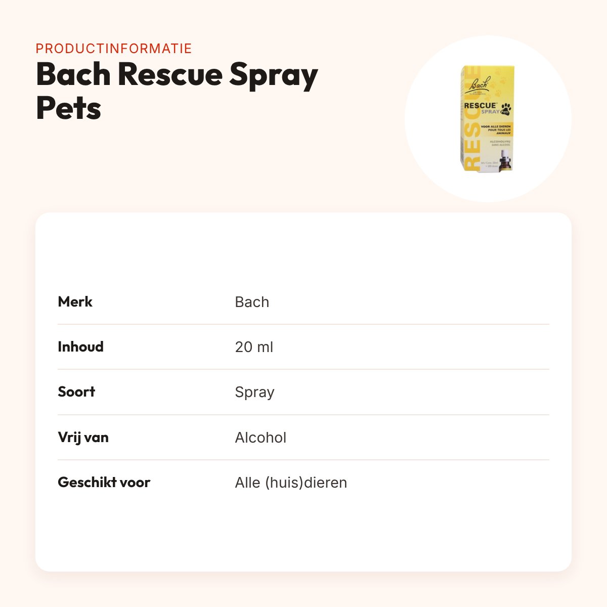 Bach Rescue Spray Pets 20 ml – alcoholvrij, voor huisdieren – productinformatie
