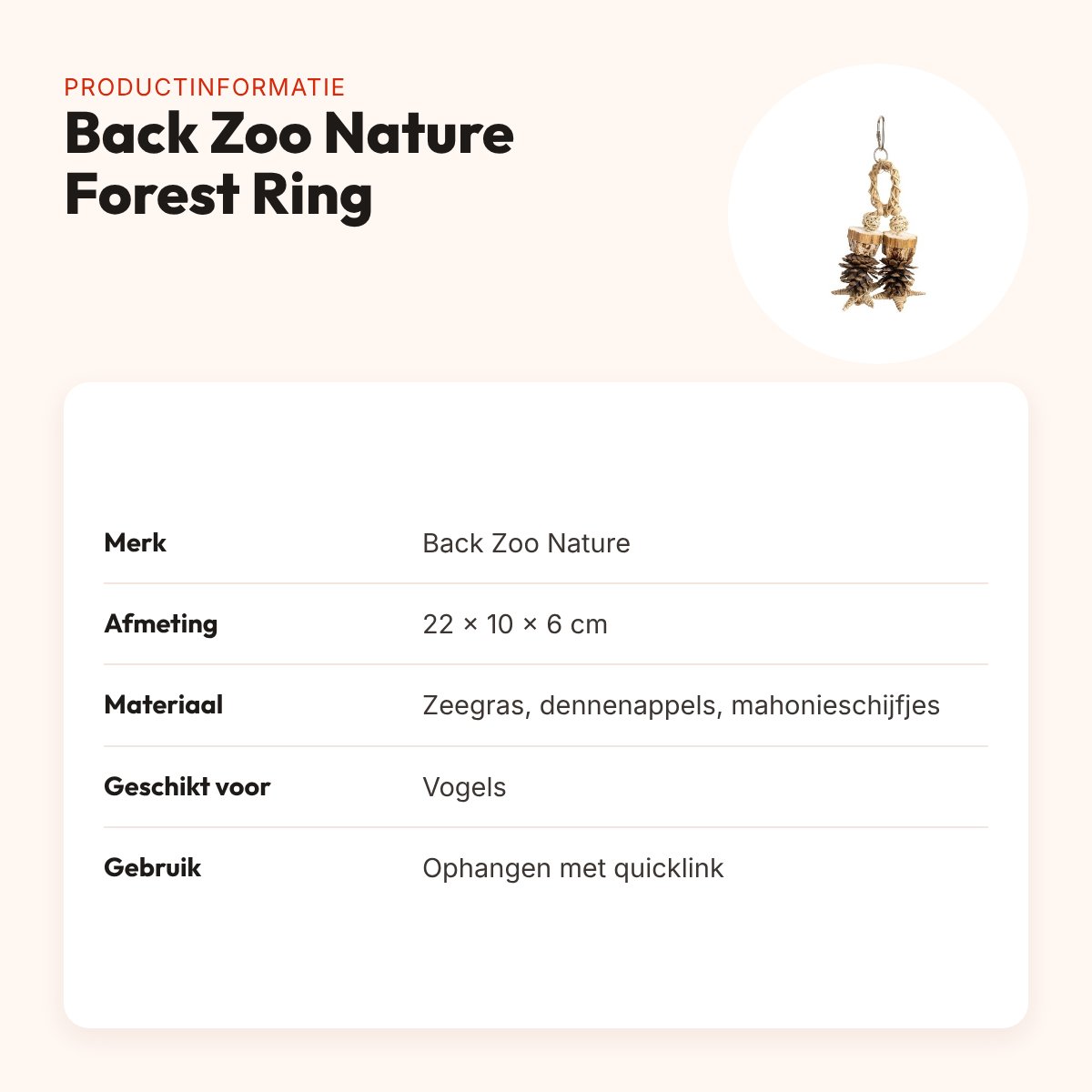 Back Zoo Nature vogelspeeltje Forest Ring 22 x 10 x 6 cm – zeegras – productinformatie