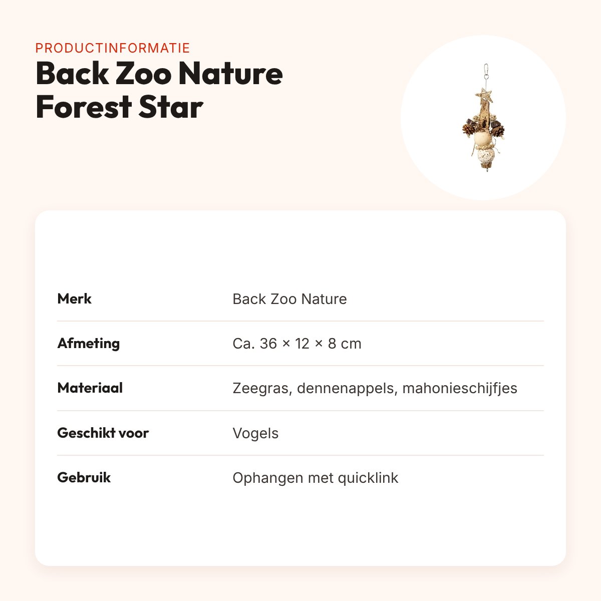 Back Zoo Nature vogelspeeltje Forest Star 36 x 12 x 8 cm – zeegras – productinformatie
