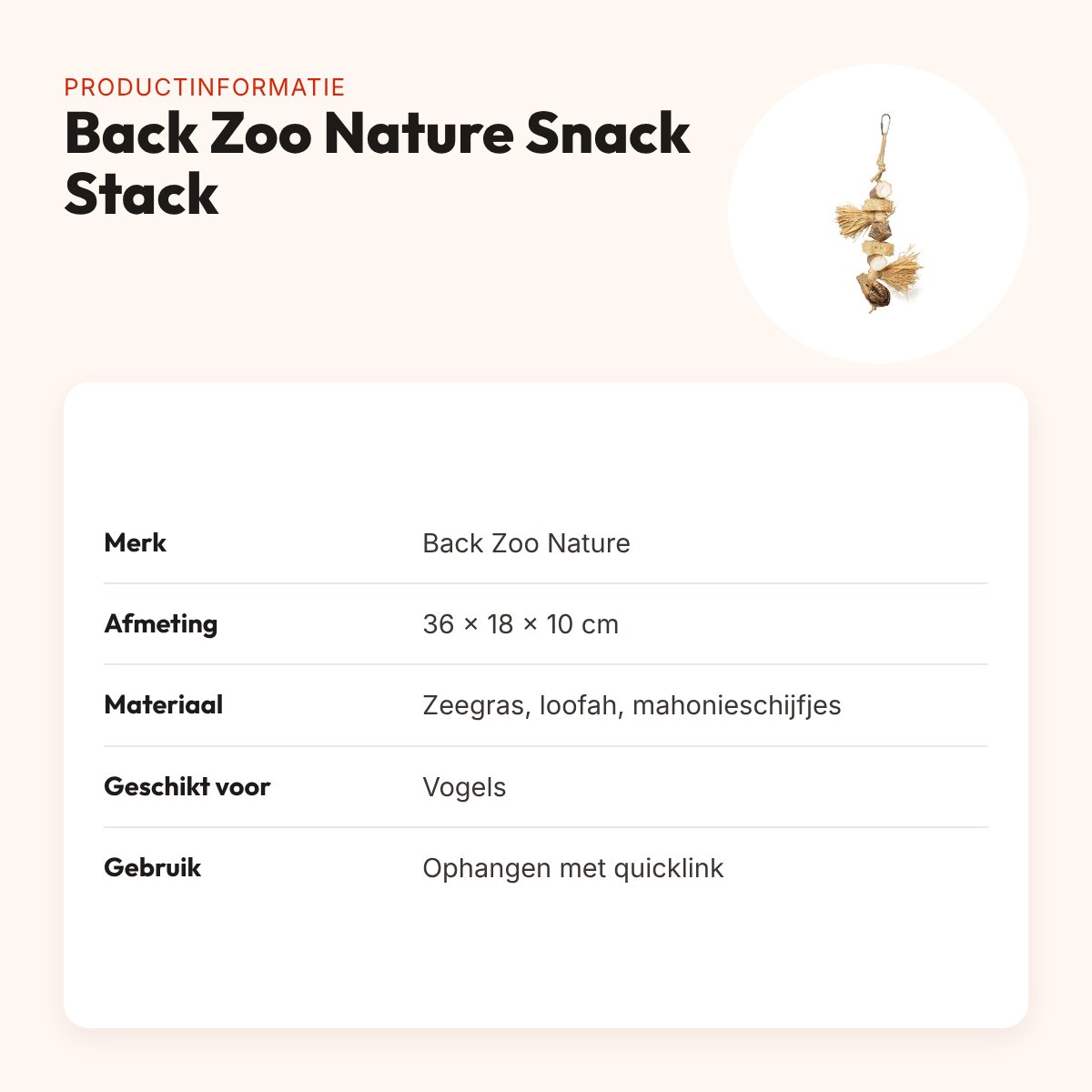 Back Zoo Nature vogelspeeltje Snack Stack 36 x 18 x 10 cm – zeegras – productinformatie