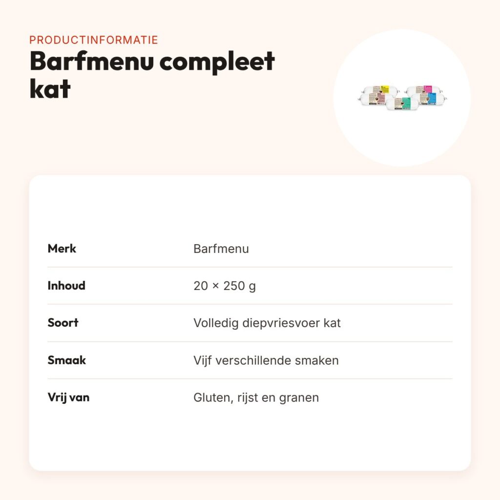 Barfmenu compleet kattenvoer 20 x 250 g – 5 smaken, glutenvrij – productinformatie