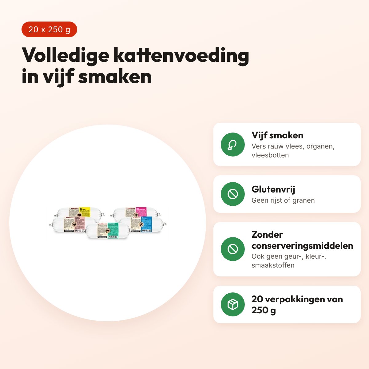 Barfmenu compleet kattenvoer 20 x 250 g – 5 smaken, glutenvrij – voordelen