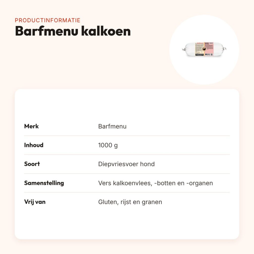 Barfmenu kalkoen hondenvoer 1000 g – glutenvrij – productinformatie