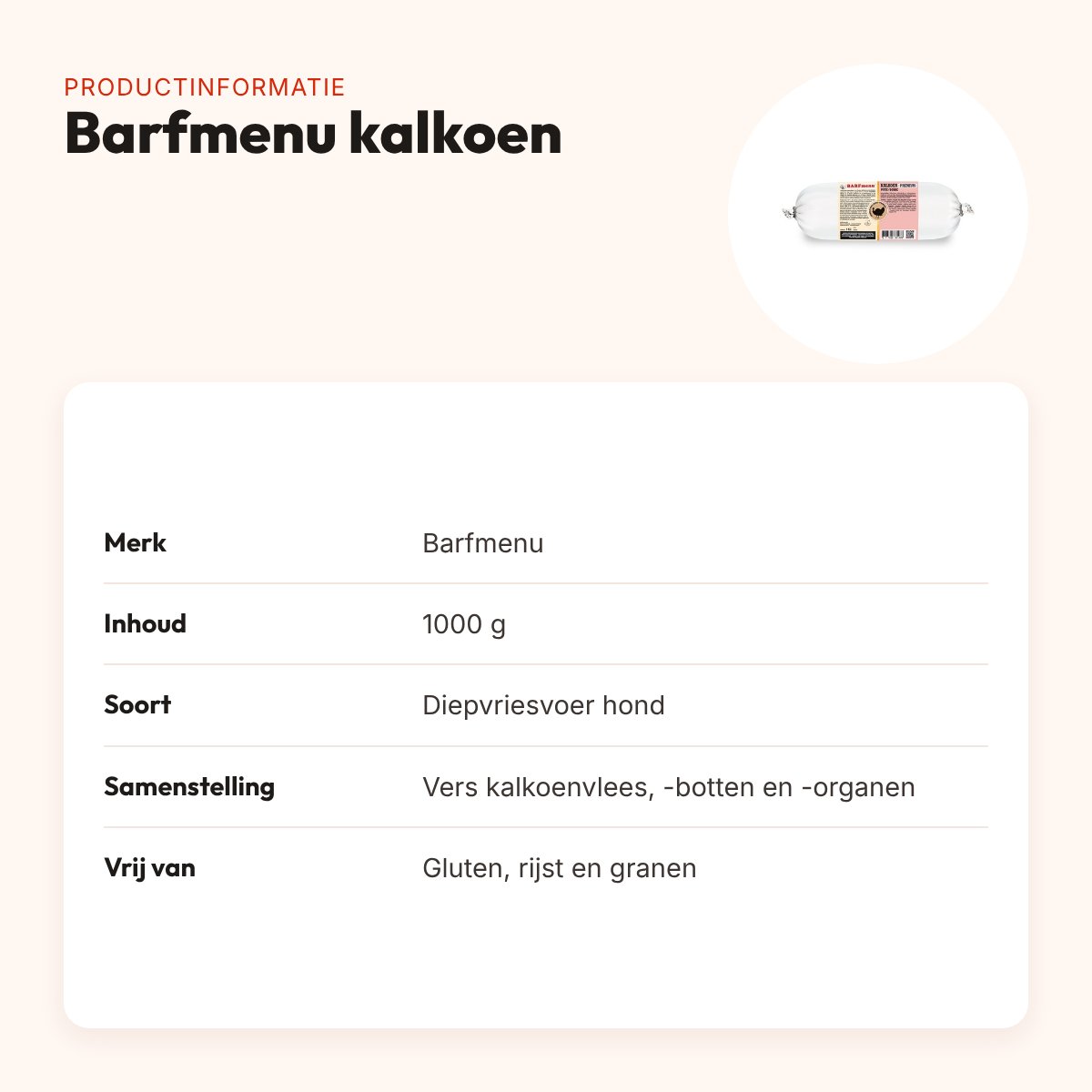 Barfmenu kalkoen hondenvoer 1000 g – glutenvrij – productinformatie