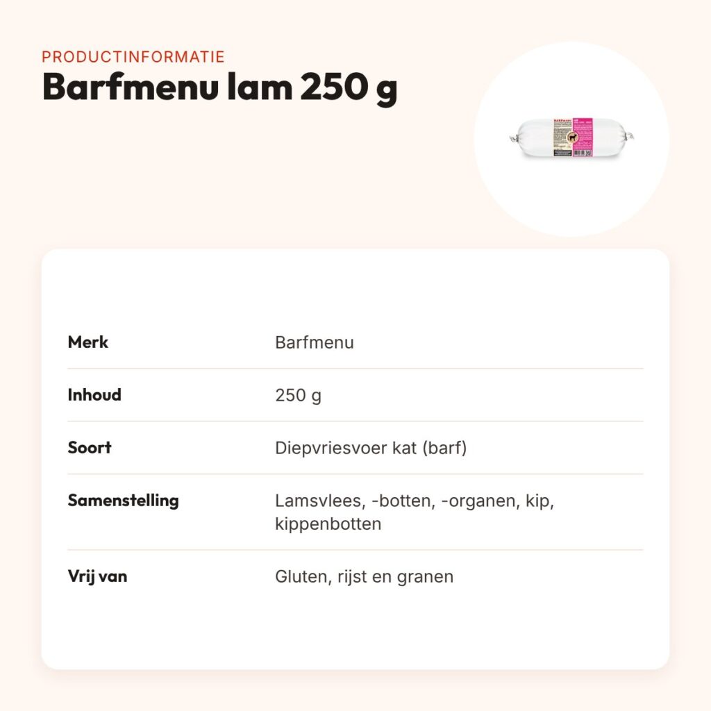 Barfmenu kattenvoer lam 250 g – glutenvrij, vers rauw vlees – productinformatie