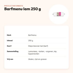 Barfmenu kattenvoer lam 250 g – glutenvrij, vers rauw vlees – productinformatie