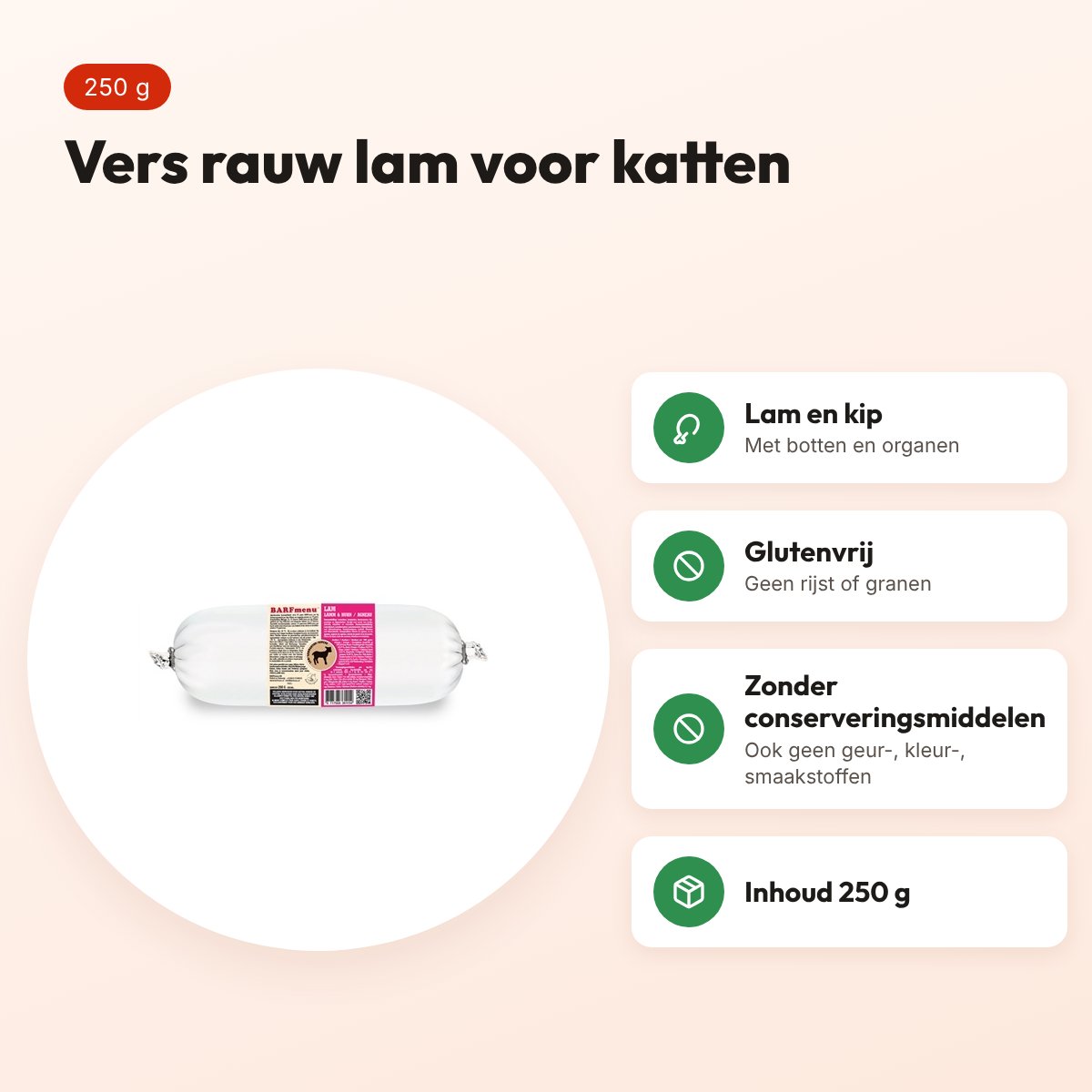 Barfmenu kattenvoer lam 250 g – glutenvrij, vers rauw vlees – voordelen