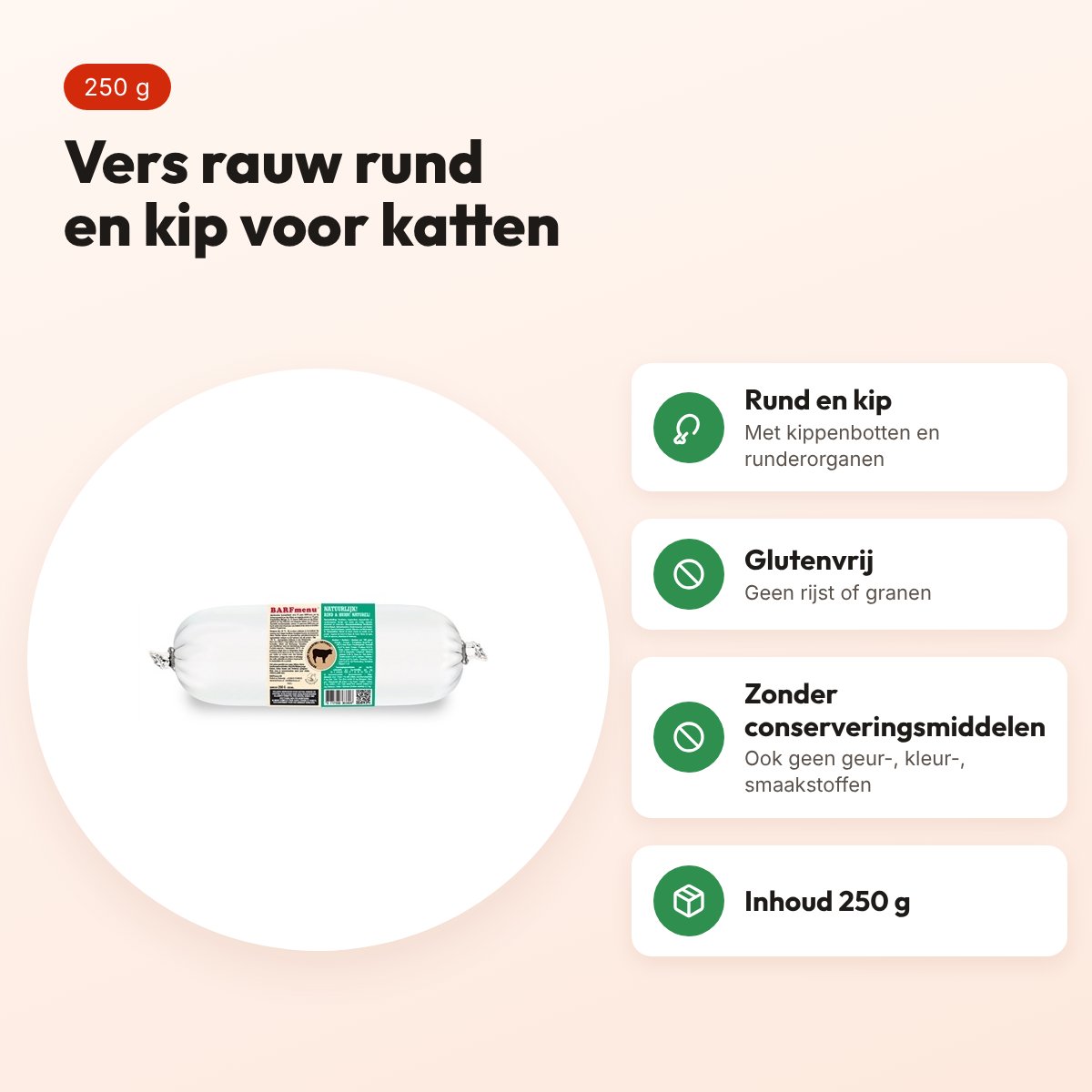 Barfmenu kattenvoer rund en kip 250 g – glutenvrij, vers rauw vlees – voordelen