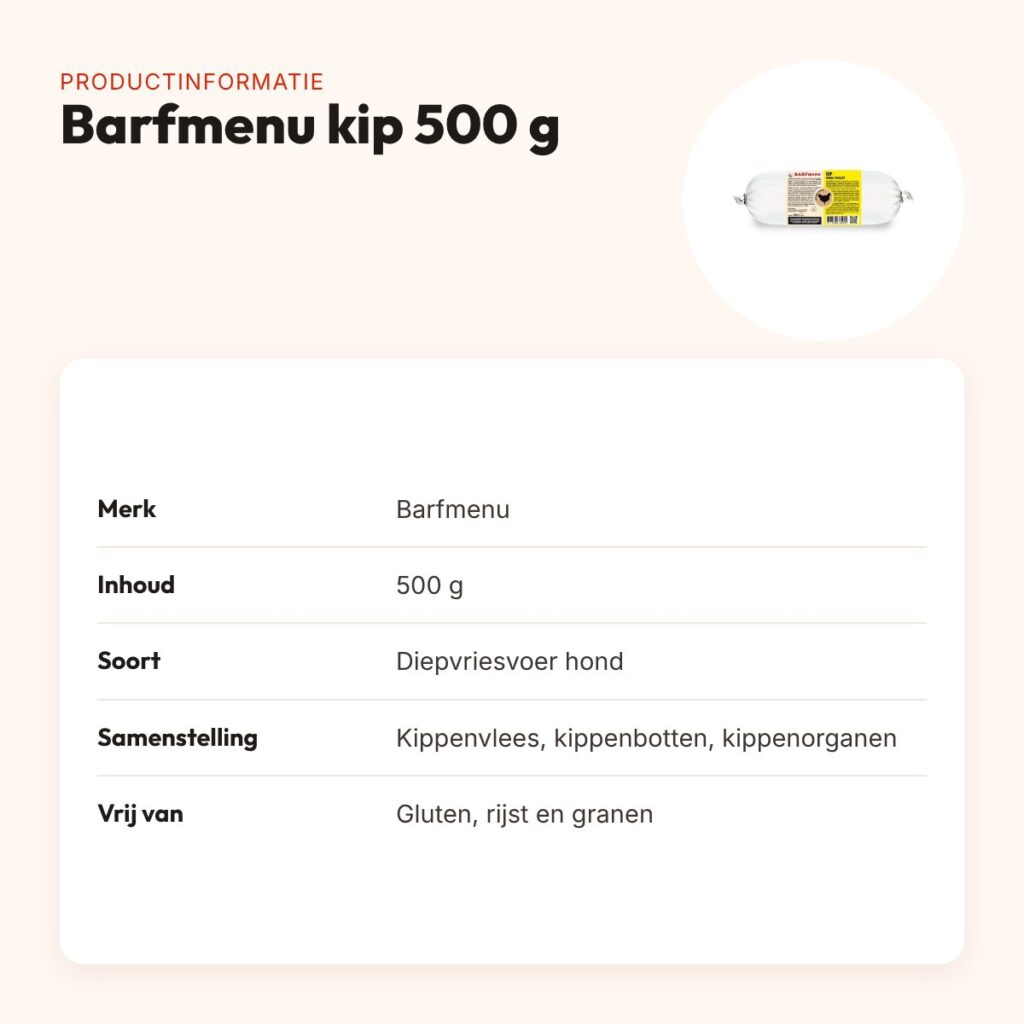 Barfmenu kip hondenvoer 500 g – glutenvrij – productinformatie