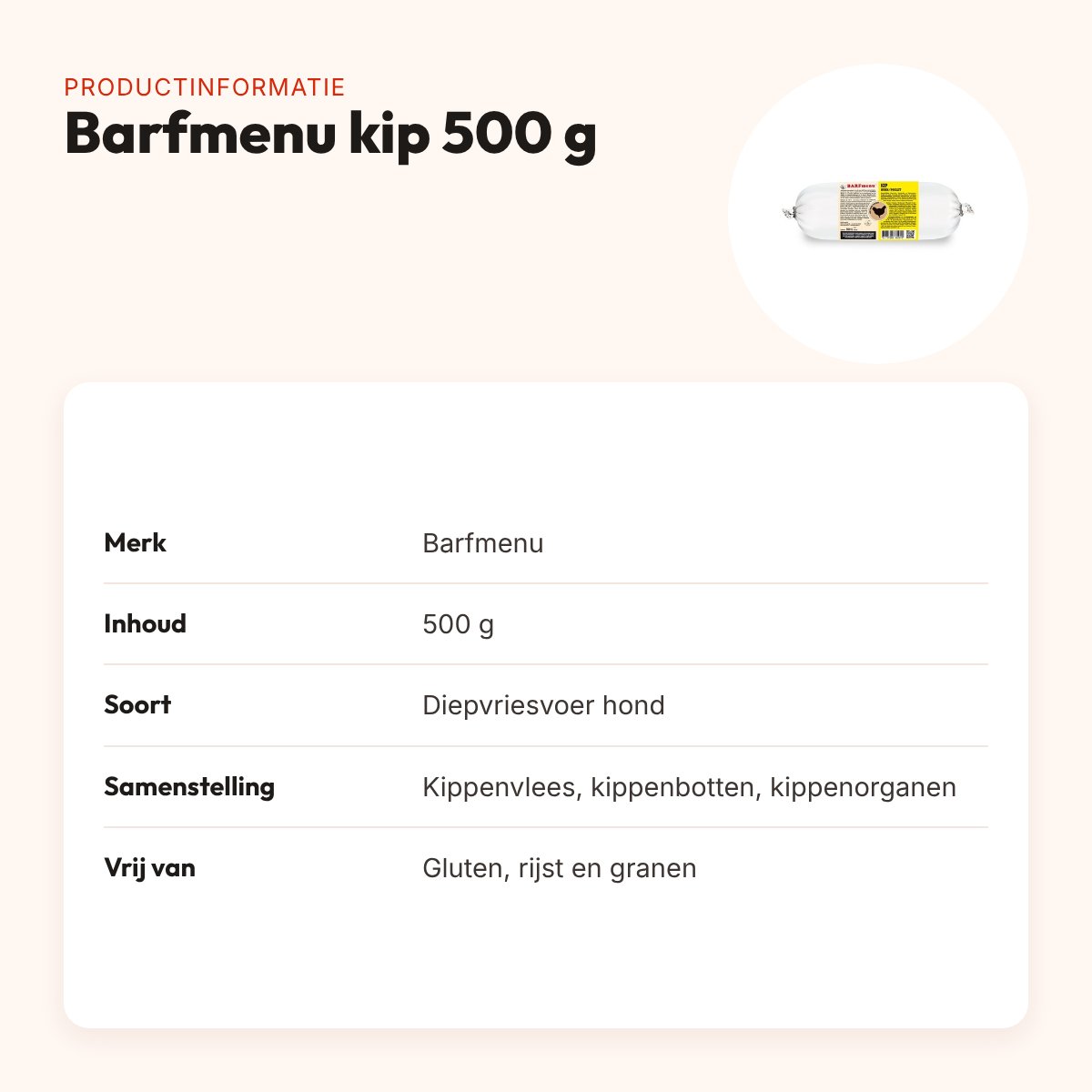 Barfmenu kip hondenvoer 500 g – glutenvrij – productinformatie