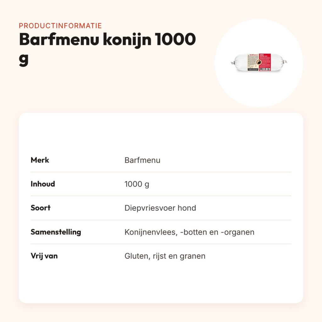 Barfmenu konijn hondenvoer 1000 g – glutenvrij – productinformatie