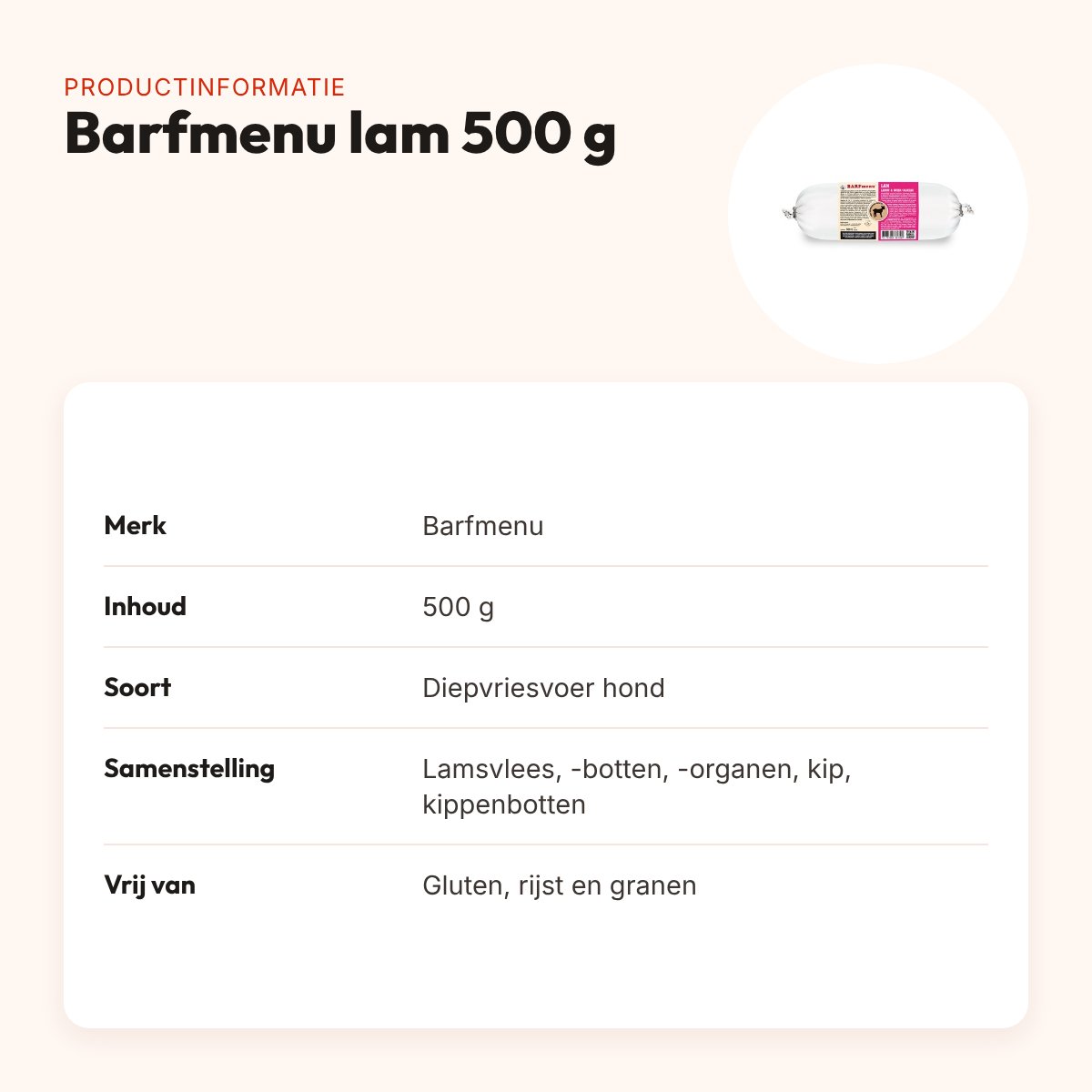 Barfmenu lam hondenvoer 500 g – glutenvrij – productinformatie