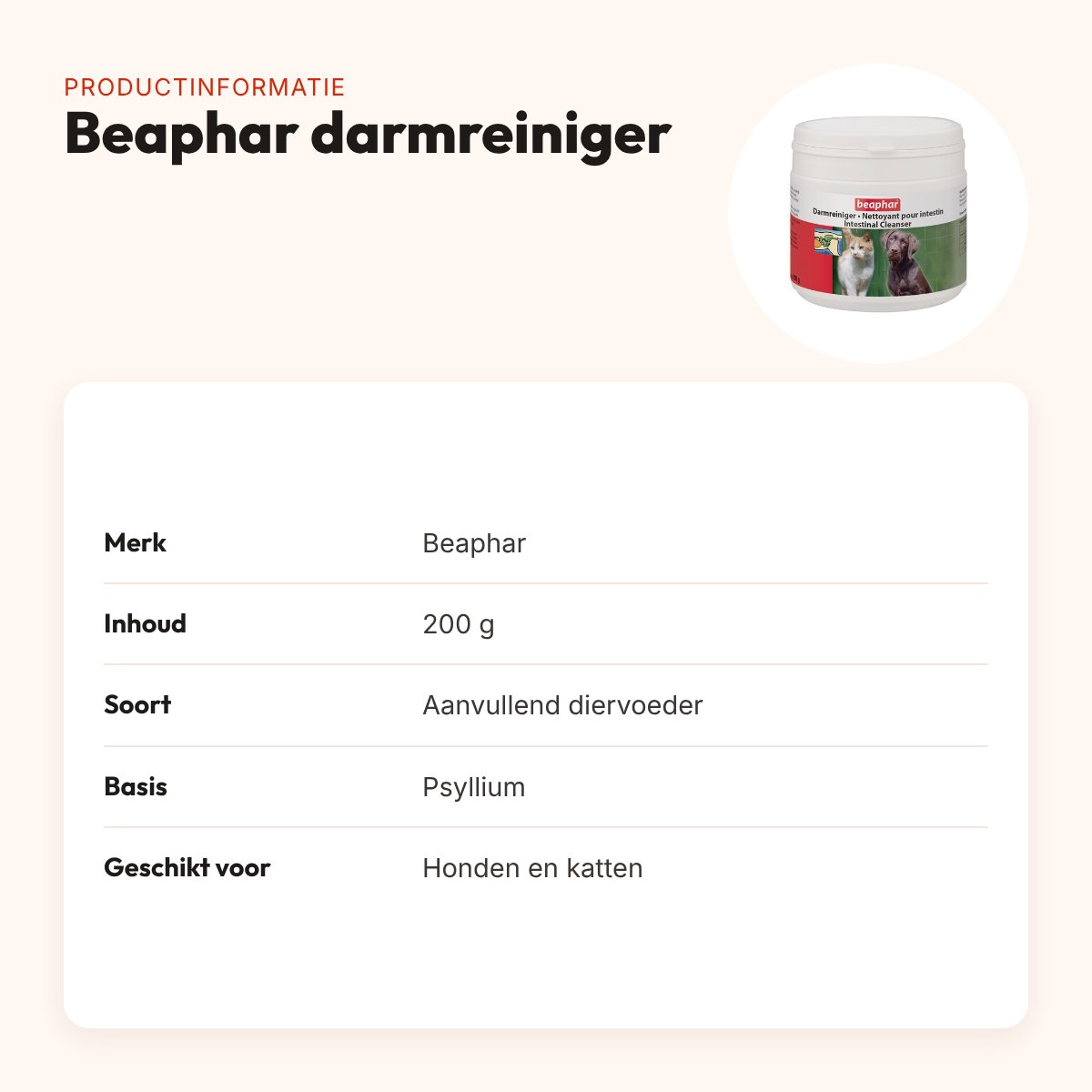 Beaphar darmreiniger hond en kat 200 g – met psyllium – productinformatie