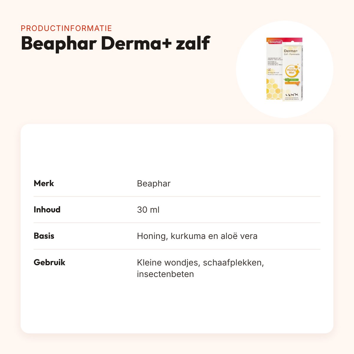 Beaphar Derma+ zalf 30 ml – honing, kurkuma en aloë vera – productinformatie
