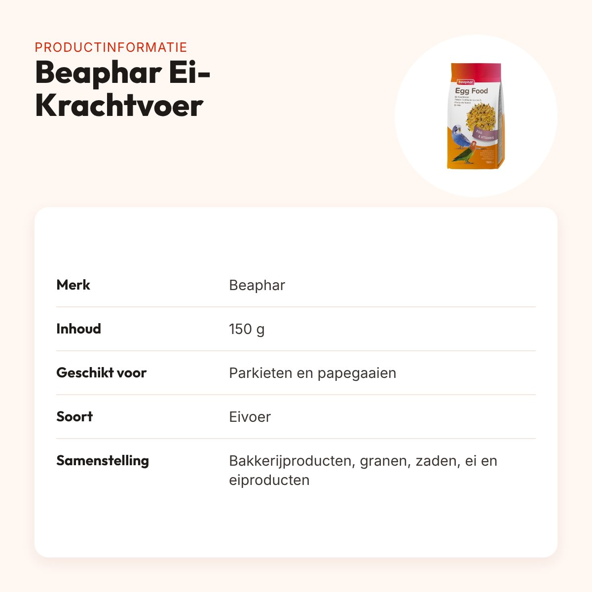 Beaphar Ei-Krachtvoer parkieten en papegaaien 150 g – eivoer – productinformatie