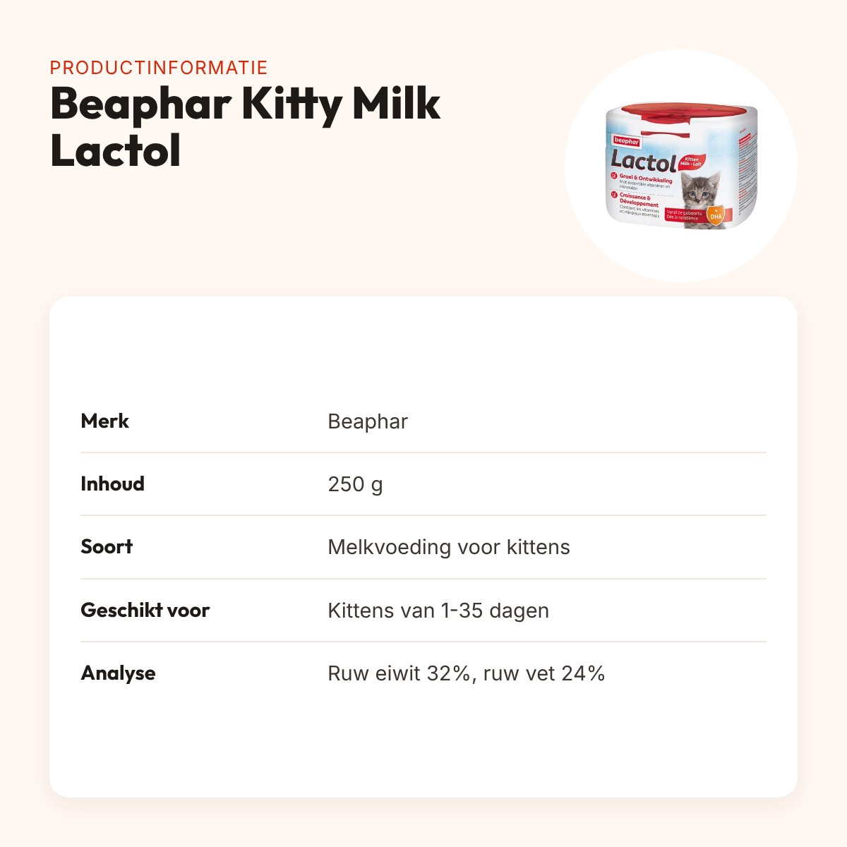 Beaphar Kitty Milk Lactol 250 g – melkvoeding voor kittens van 1-35 dagen – productinformatie