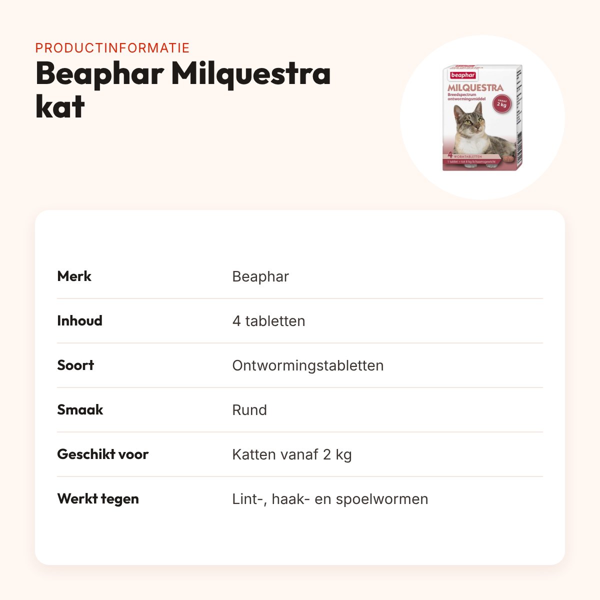 Beaphar Milquestra kat ontwormingsmiddel 4 tabletten – vanaf 2 kg – productinformatie