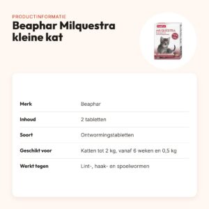 Beaphar Milquestra kleine kat en kitten ontwormingsmiddel 2 tabletten – productinformatie