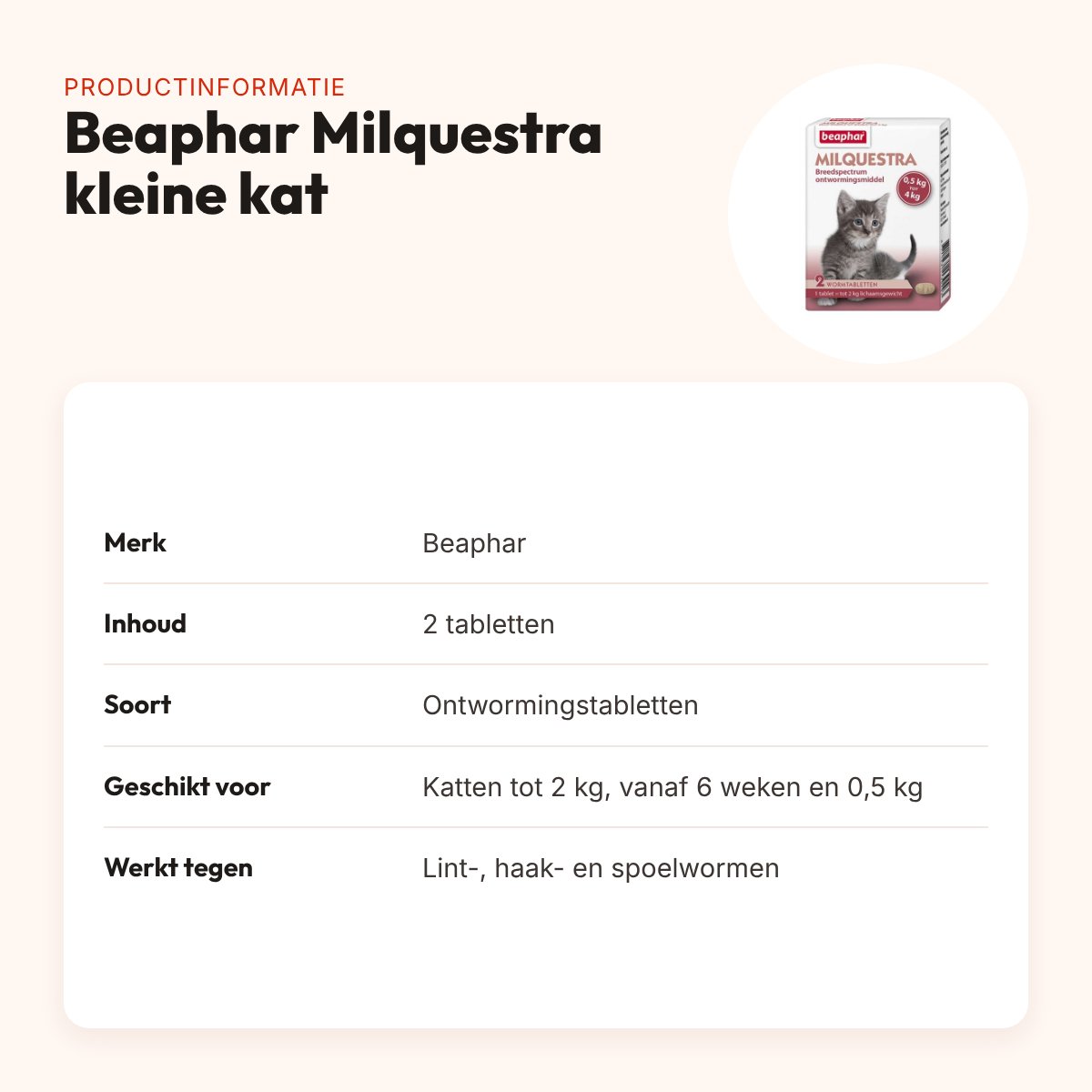 Beaphar Milquestra kleine kat en kitten ontwormingsmiddel 2 tabletten – productinformatie